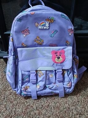 Kids Purple Backpack with Cute Bear Patch And Keychain
